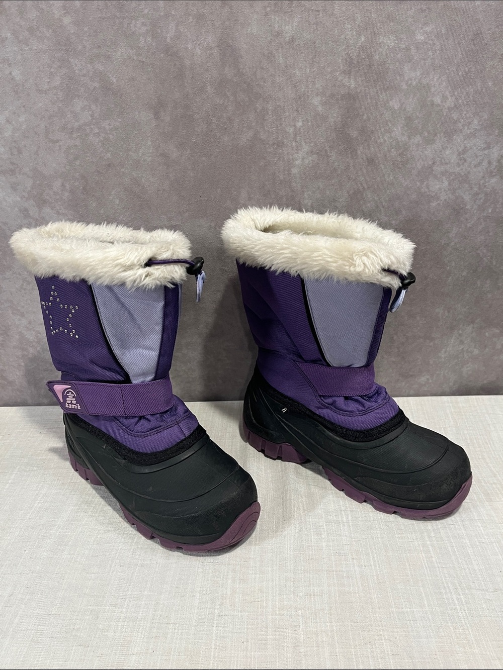 Kamik Purple and Lavender Girls Winter Snow Boots Cream Faux Fur Cuff size 1